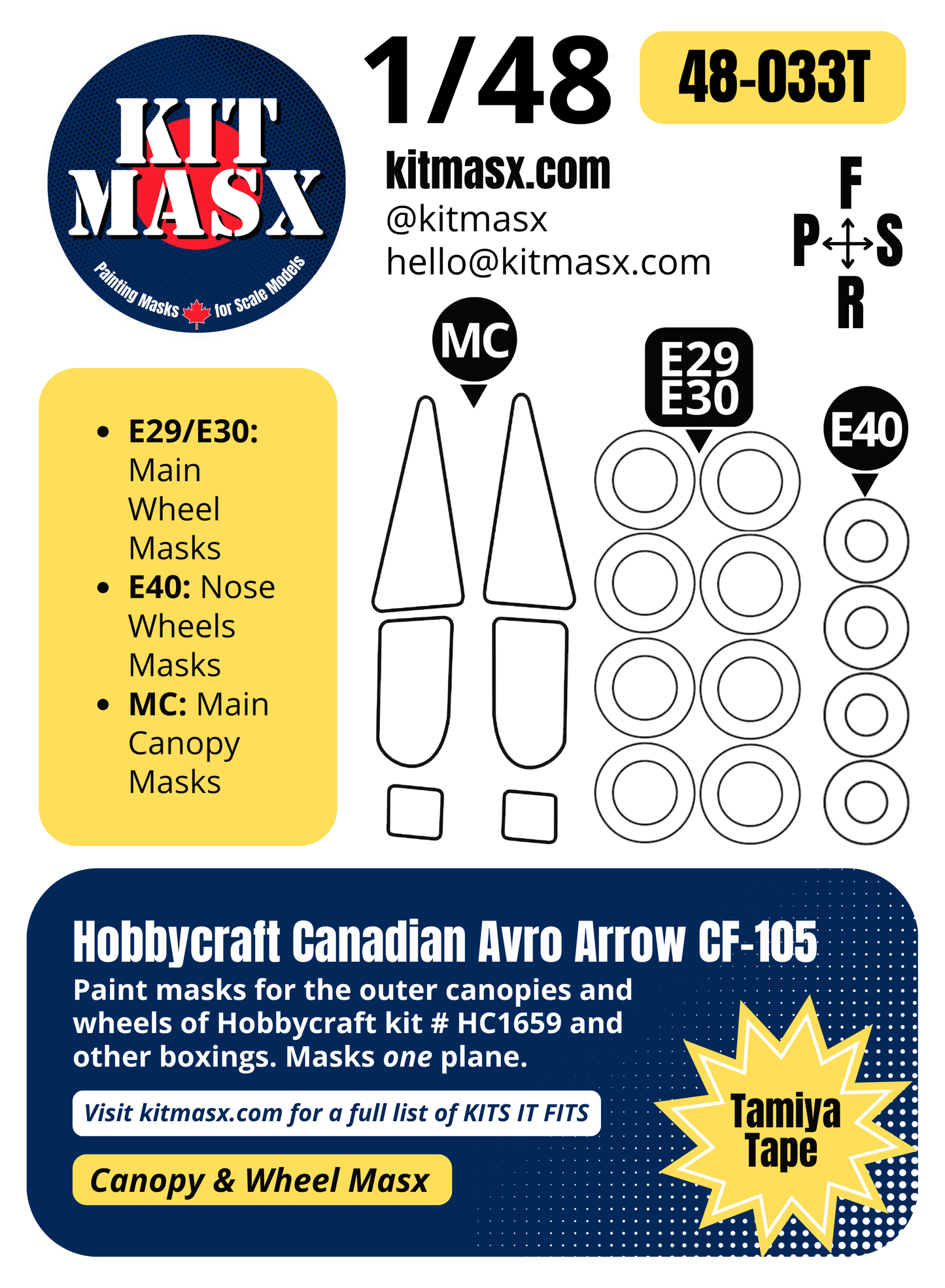 Hobbycraft Canadian Avro Arrow CF-105 1/48 Canopy & Wheel Paint Masks, Kit # HC1659