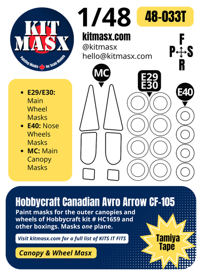 Hobbycraft Canadian Avro Arrow CF-105 1/48 Canopy & Wheel Paint Masks, Kit # HC1659