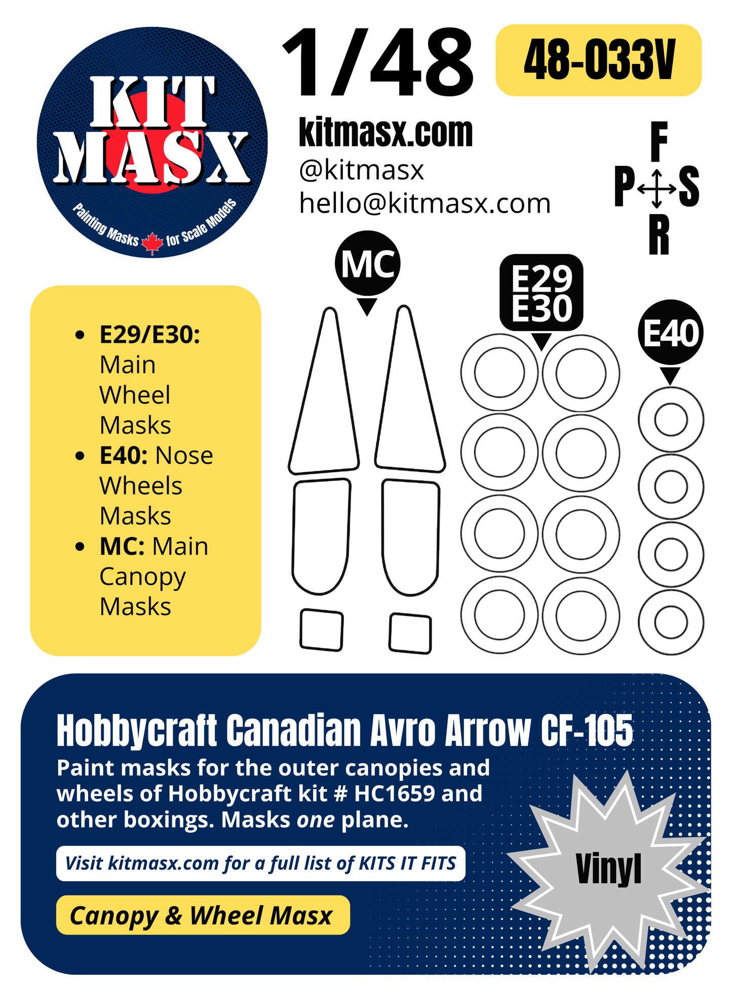 Hobbycraft Canadian Avro Arrow CF-105 1/48 Canopy & Wheel Paint Masks, Kit # HC1659