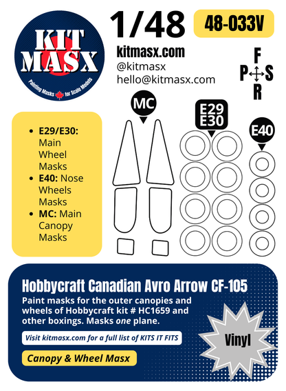 Hobbycraft Canadian Avro Arrow CF-105 1/48 Canopy & Wheel Paint Masks, Kit # HC1659