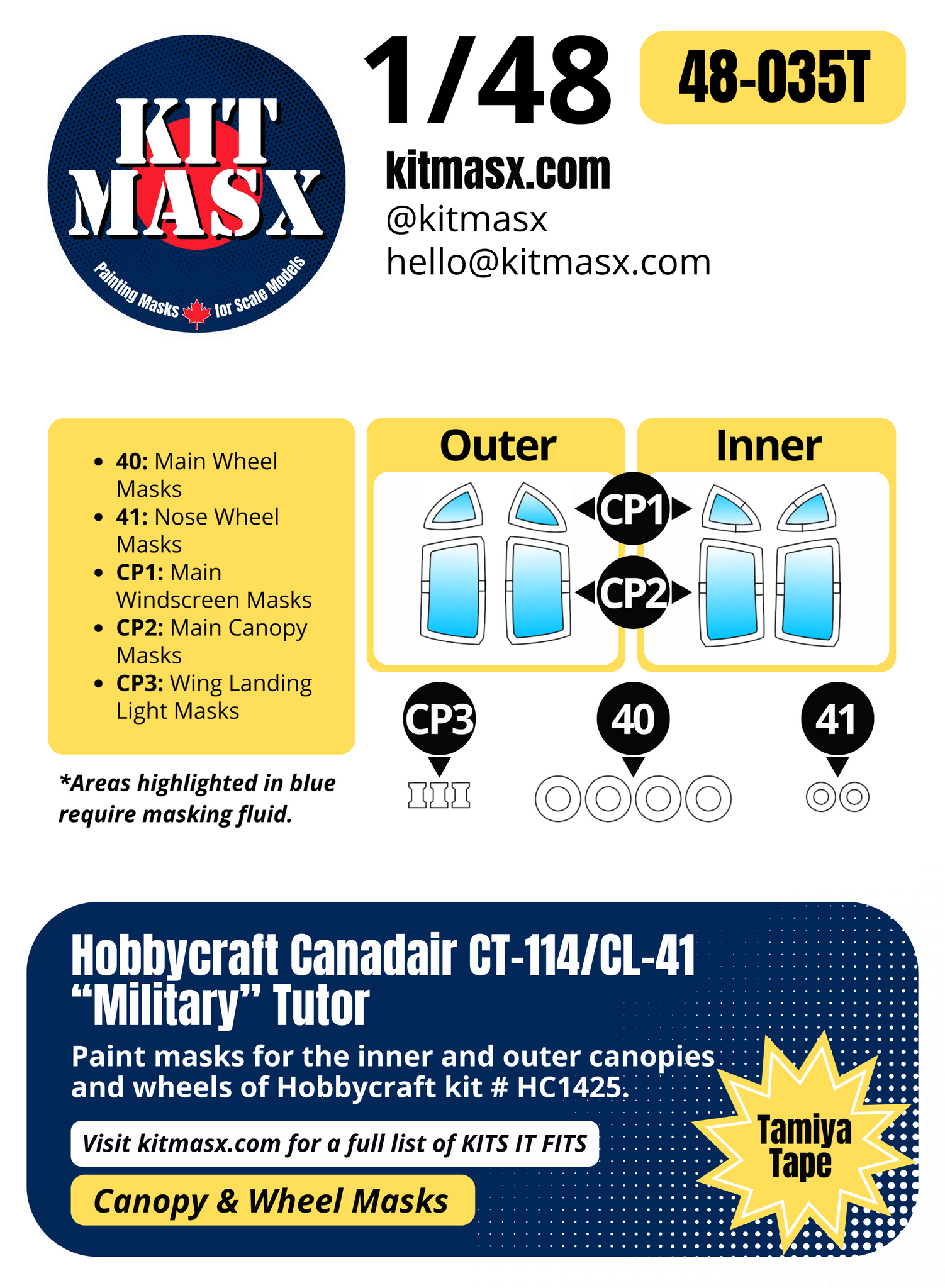 Hobbycraft Canadair CT-114/CL-41 “Military” Tutor 1/48 Canopy & Wheel Paint Masks, Kit # HC1425