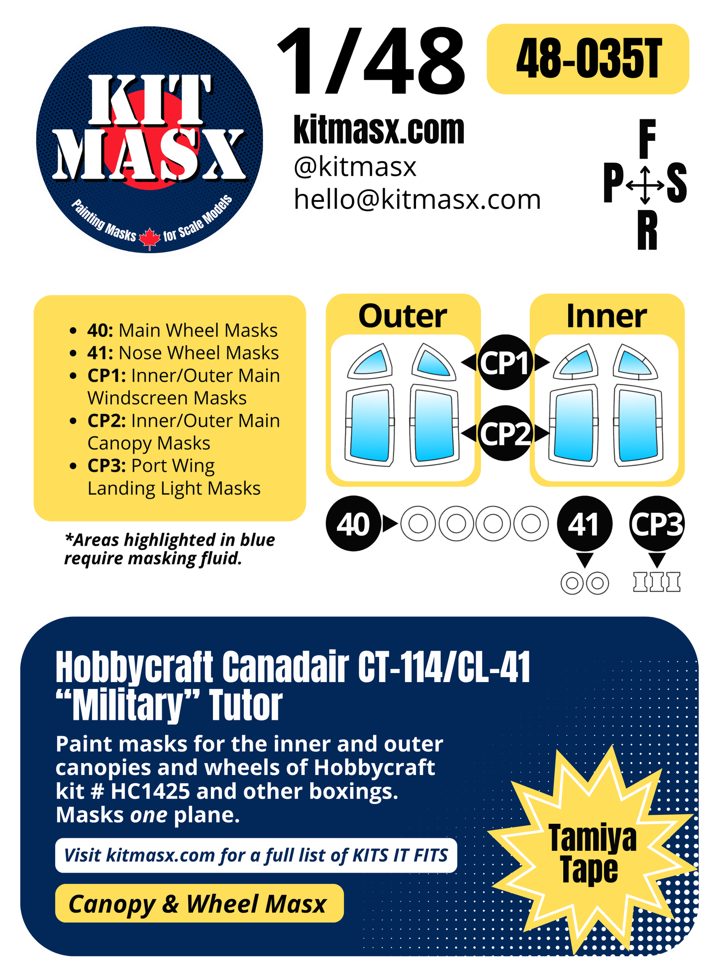 Hobbycraft Canadair CT-114/CL-41 “Military” Tutor 1/48 Canopy & Wheel Paint Masks, Kit # HC1425