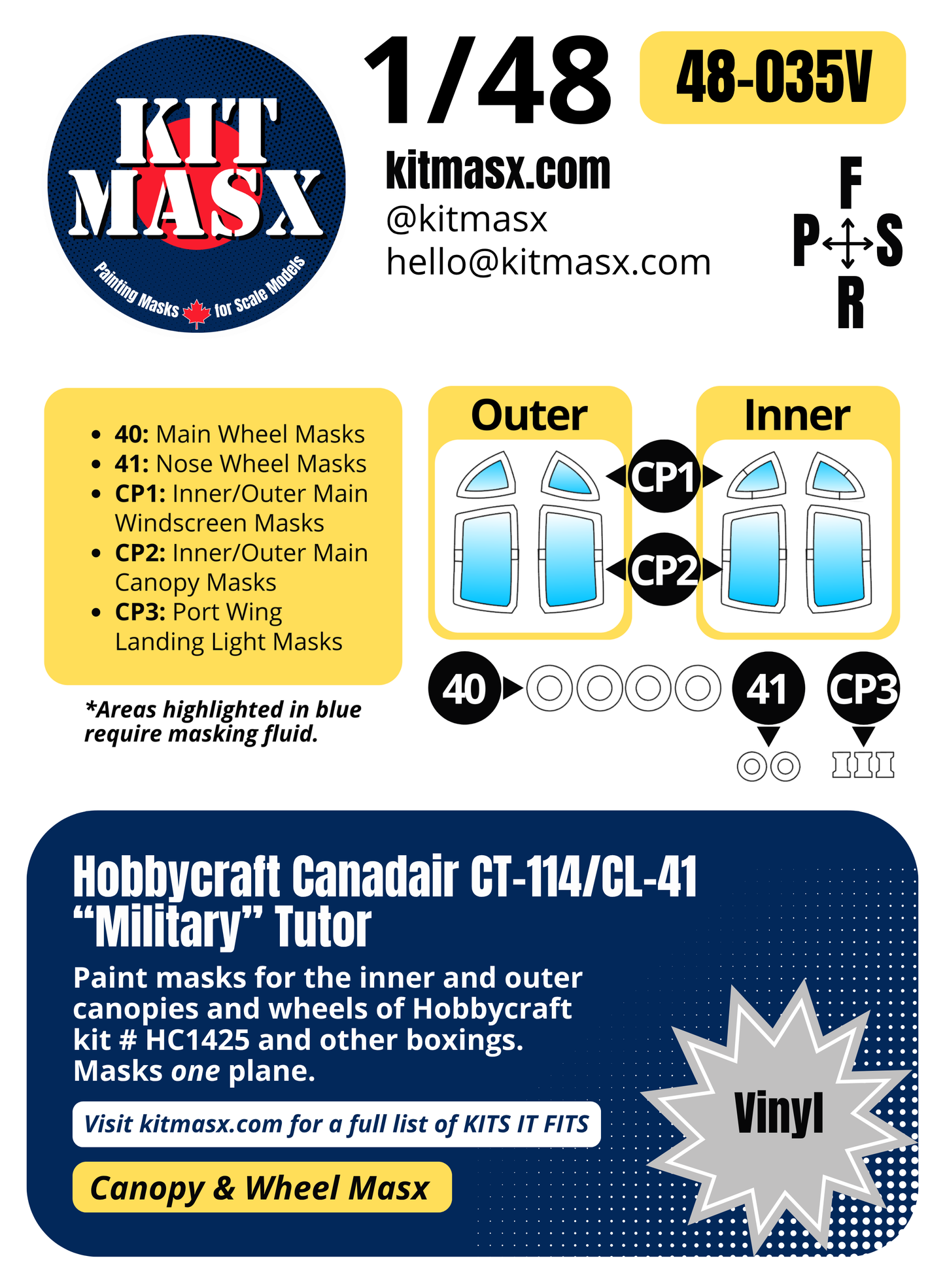 Hobbycraft Canadair CT-114/CL-41 “Military” Tutor 1/48 Canopy & Wheel Paint Masks, Kit # HC1425