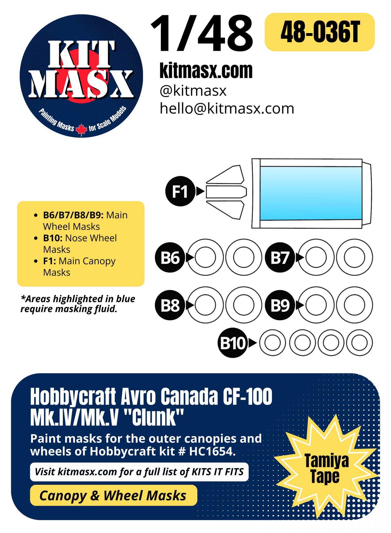 Hobbycraft Avro Canada CF-100 Mk.IV/Mk.V "Clunk"  1/48 Canopy & Wheel Paint Masks, Kit # HC1654