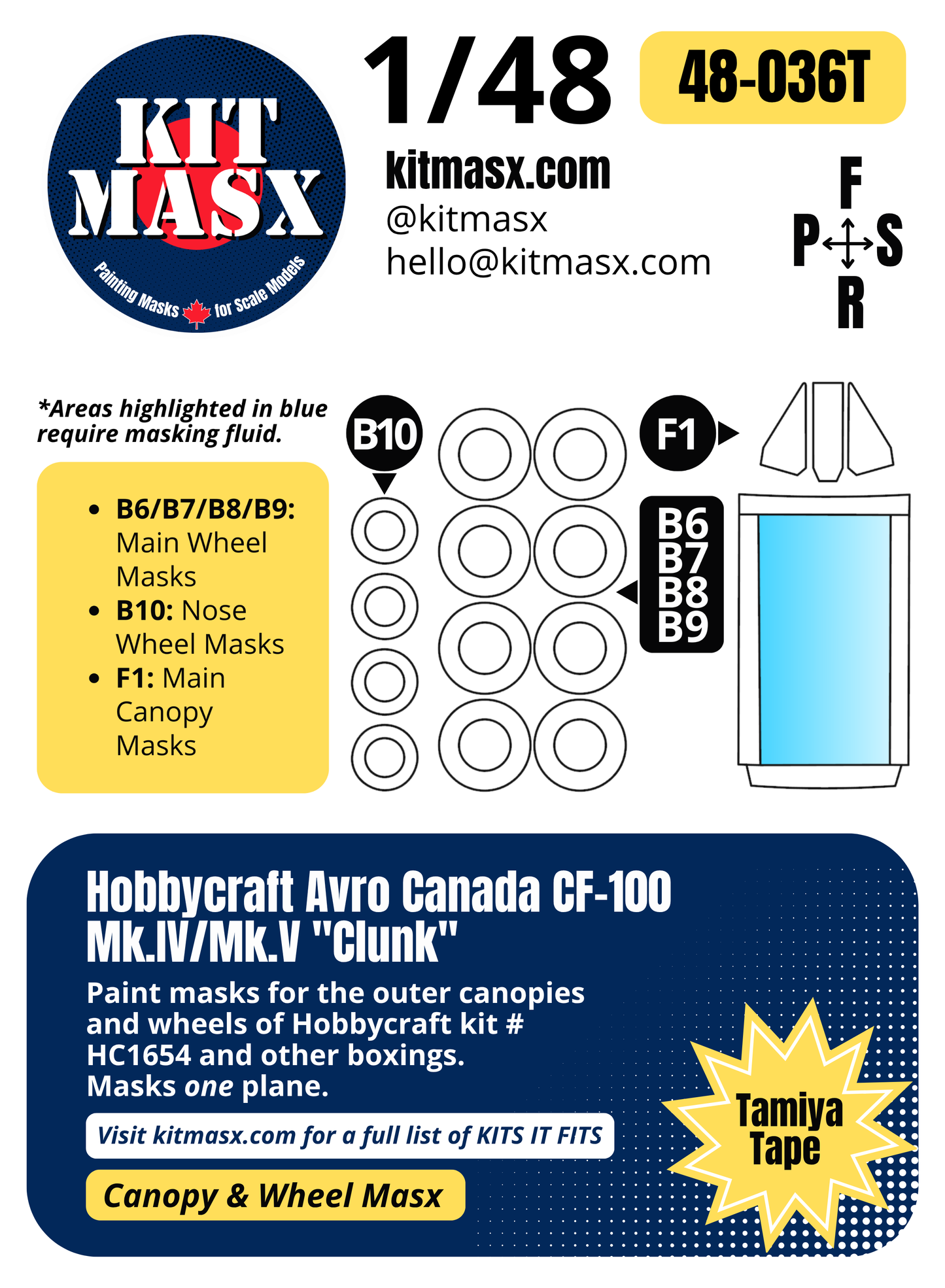 Hobbycraft Avro Canada CF-100 Mk.IV/Mk.V "Clunk"  1/48 Canopy & Wheel Paint Masks, Kit # HC1654