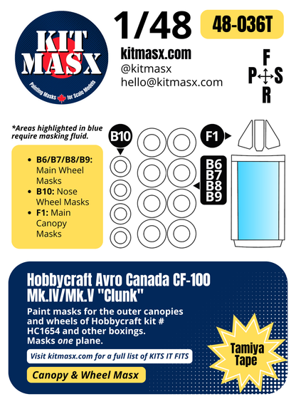Hobbycraft Avro Canada CF-100 Mk.IV/Mk.V "Clunk"  1/48 Canopy & Wheel Paint Masks, Kit # HC1654