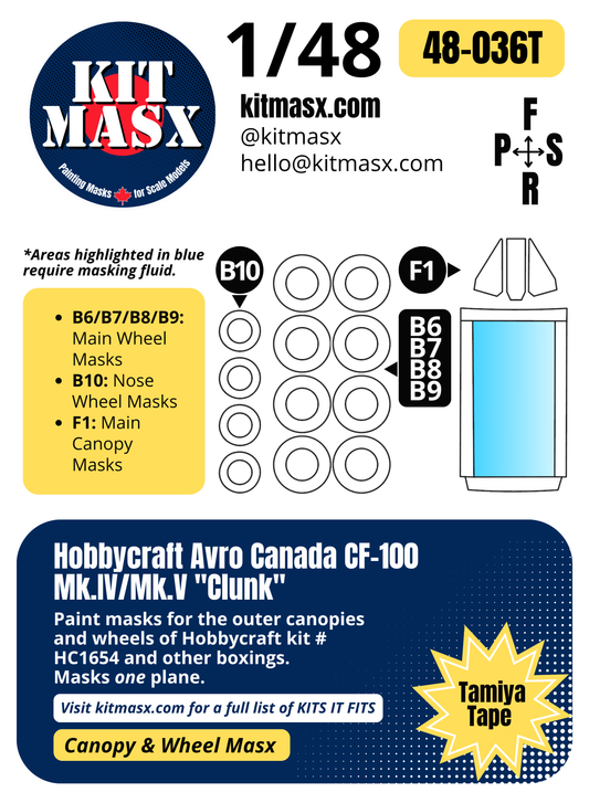 Hobbycraft Avro Canada CF-100 Mk.IV/Mk.V "Clunk"  1/48 Canopy & Wheel Paint Masks, Kit # HC1654