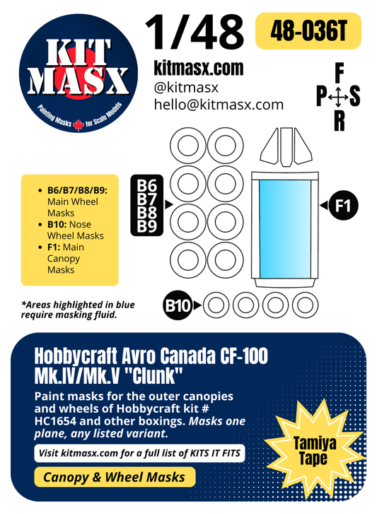 Hobbycraft Avro Canada CF-100 Mk.IV/Mk.V "Clunk"  1/48 Canopy & Wheel Paint Masks, Kit # HC1654