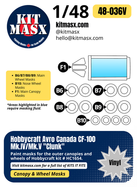 Hobbycraft Avro Canada CF-100 Mk.IV/Mk.V "Clunk"  1/48 Canopy & Wheel Paint Masks, Kit # HC1654