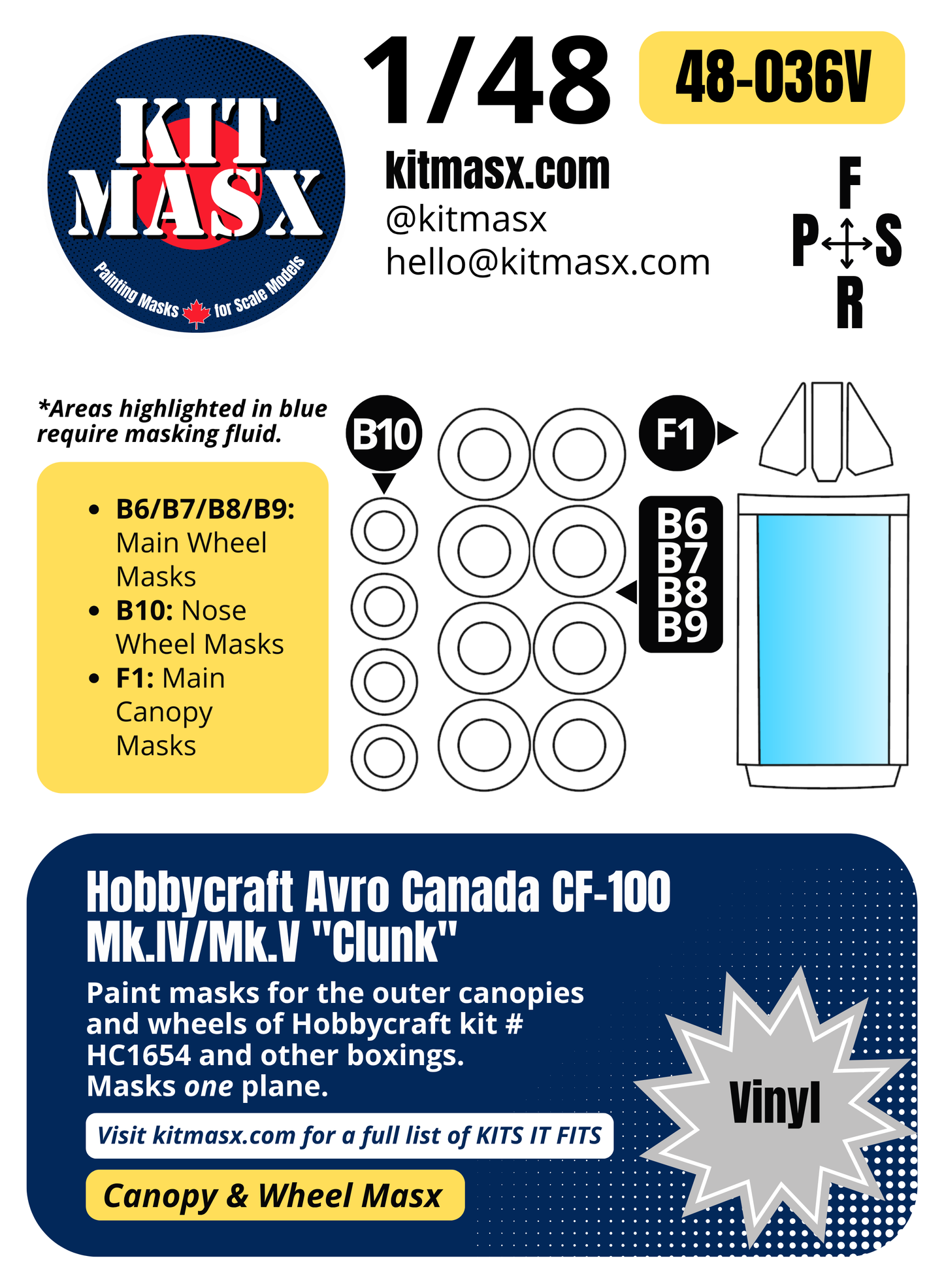 Hobbycraft Avro Canada CF-100 Mk.IV/Mk.V "Clunk"  1/48 Canopy & Wheel Paint Masks, Kit # HC1654