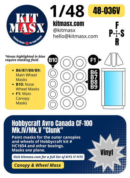 Hobbycraft Avro Canada CF-100 Mk.IV/Mk.V "Clunk"  1/48 Canopy & Wheel Paint Masks, Kit # HC1654