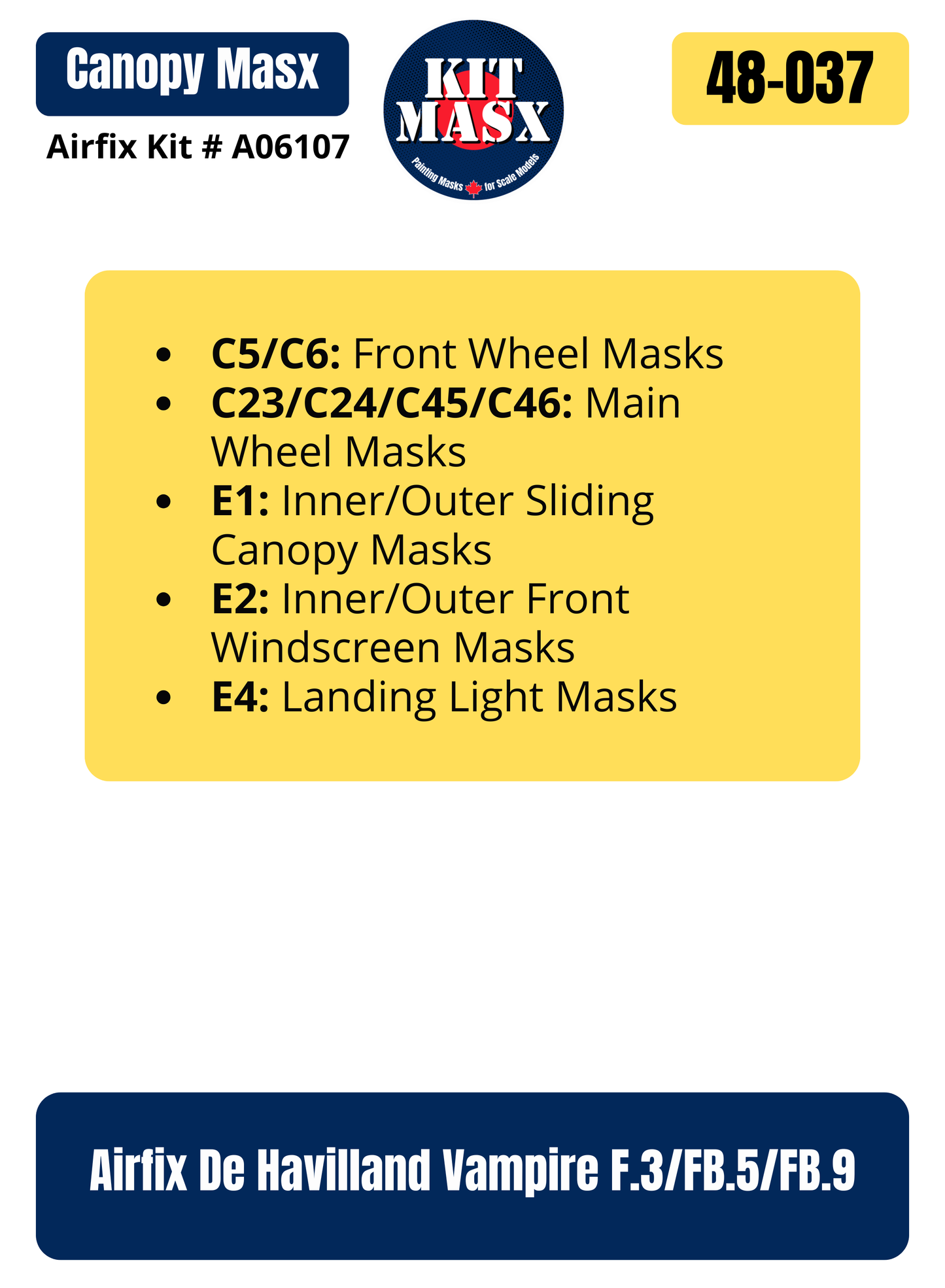 Airfix De Havilland Vampire F.3/FB.5/FB.9 1/48 Canopy & Wheel Paint Masks, Kit # A06107