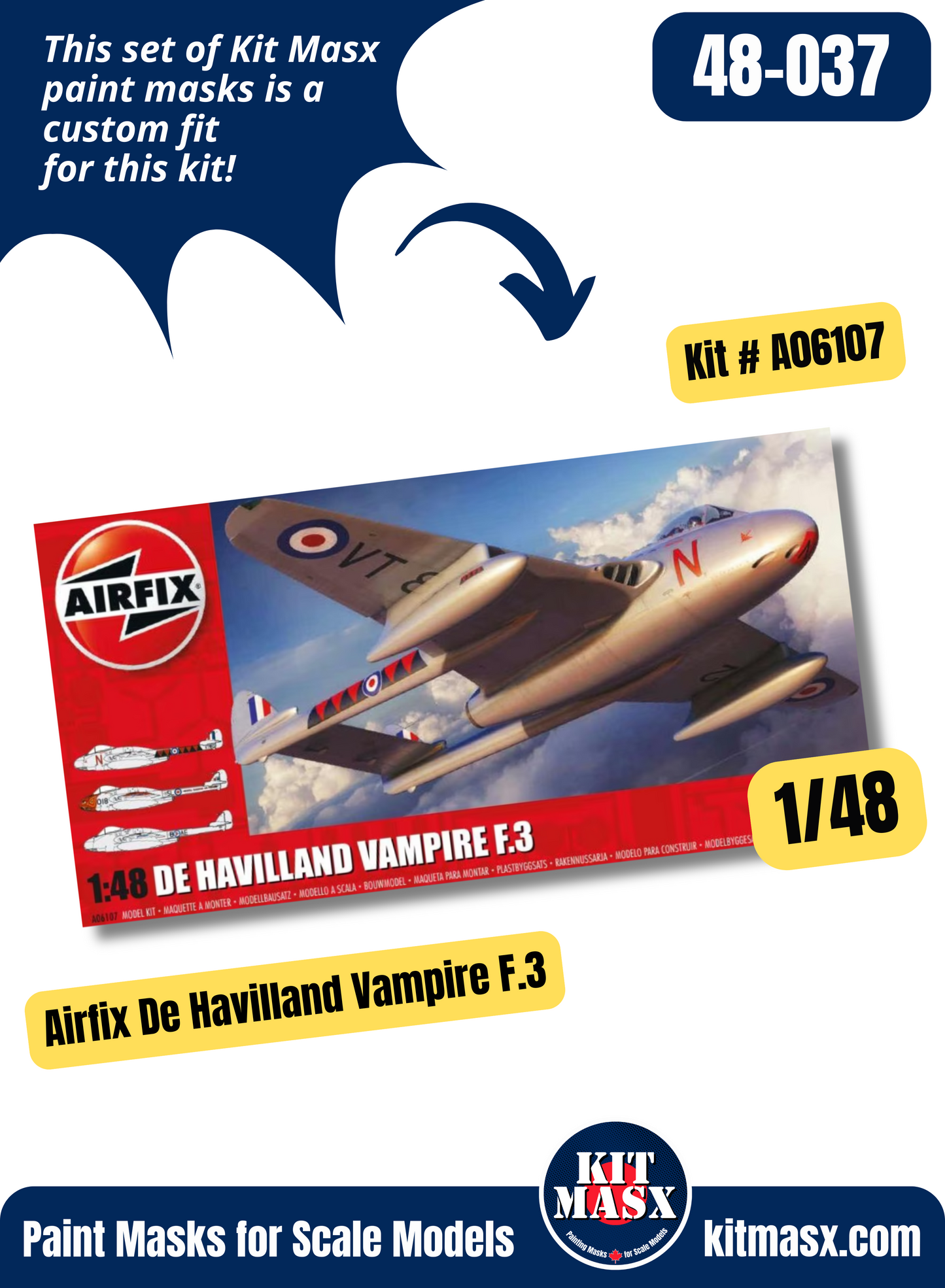 Airfix De Havilland Vampire F.3/FB.5/FB.9 1/48 Canopy & Wheel Paint Masks, Kit # A06107