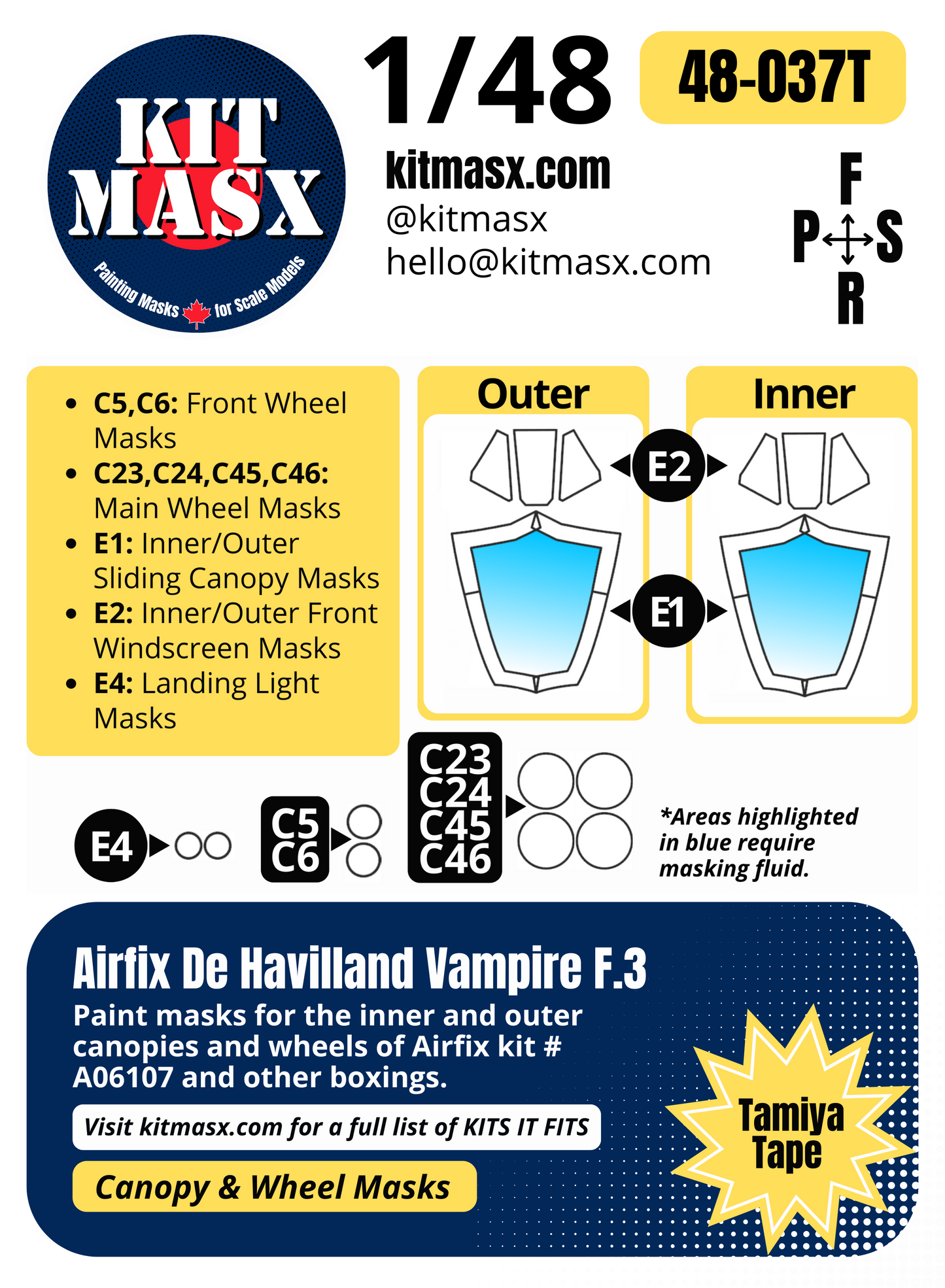 Airfix De Havilland Vampire F.3/FB.5/FB.9 1/48 Canopy & Wheel Paint Masks, Kit # A06107