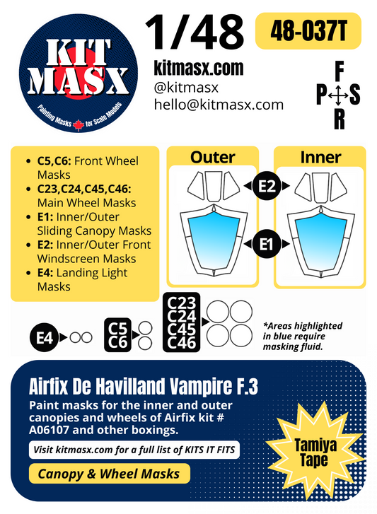 Airfix De Havilland Vampire F.3/FB.5/FB.9 1/48 Canopy & Wheel Paint Masks, Kit # A06107