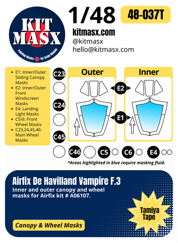 Airfix De Havilland Vampire F.3 1/48 Canopy & Wheel Paint Masks, Kit # A06107