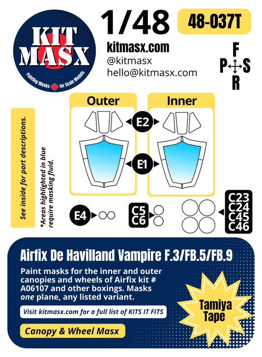 Airfix De Havilland Vampire F.3/FB.5/FB.9 1/48 Canopy & Wheel Paint Masks, Kit # A06107
