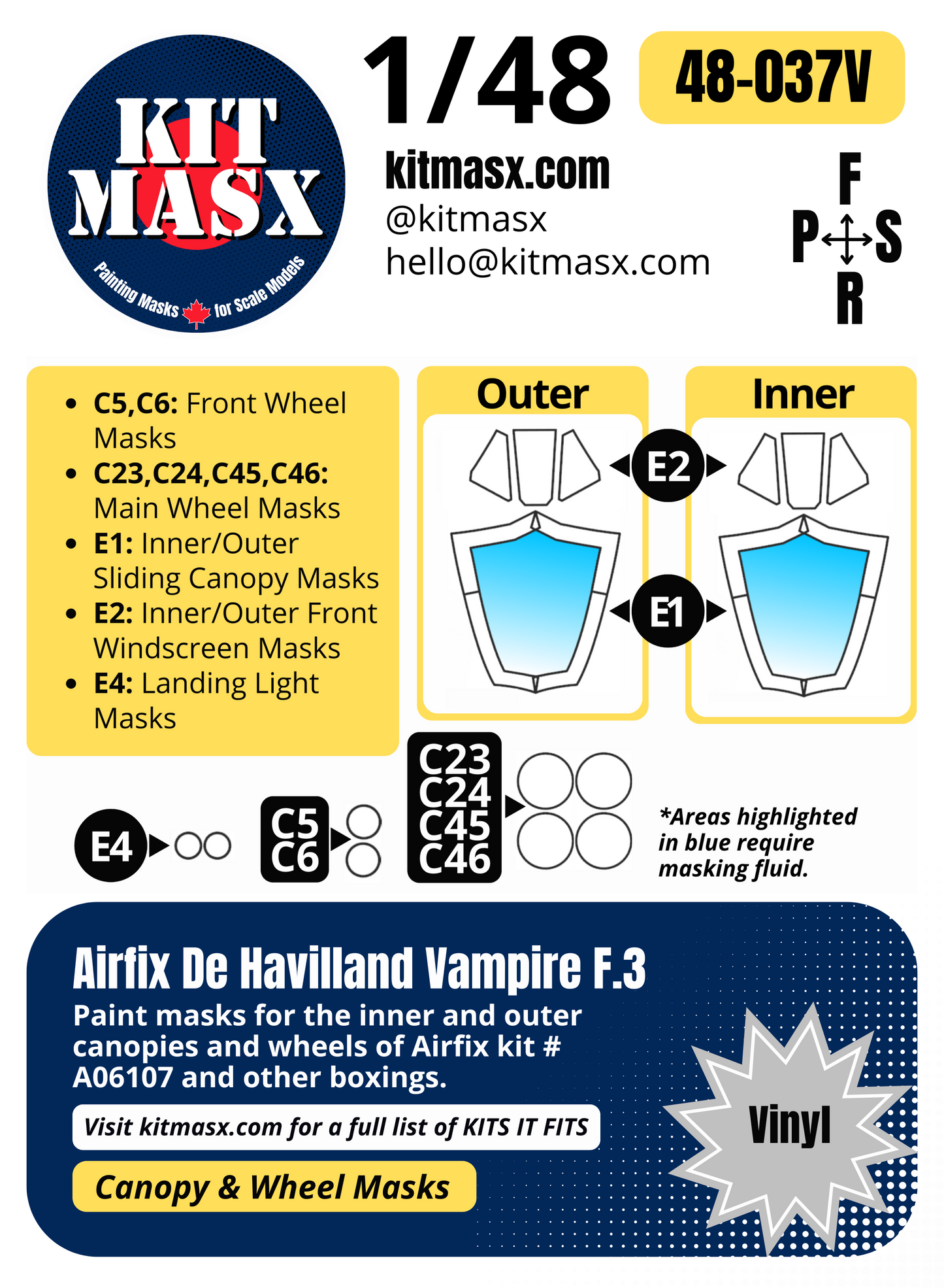 Airfix De Havilland Vampire F.3/FB.5/FB.9 1/48 Canopy & Wheel Paint Masks, Kit # A06107