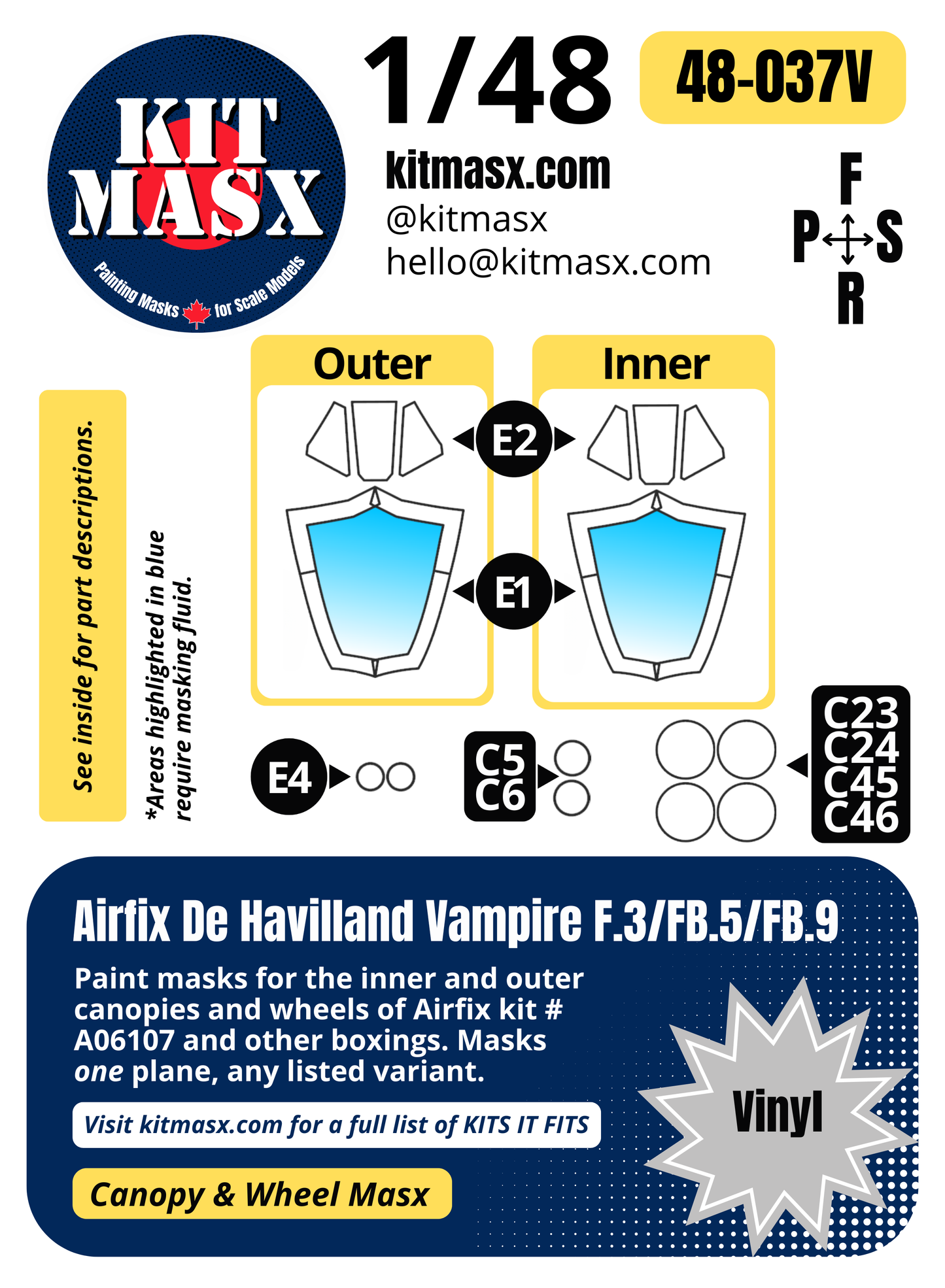 Airfix De Havilland Vampire F.3/FB.5/FB.9 1/48 Canopy & Wheel Paint Masks, Kit # A06107