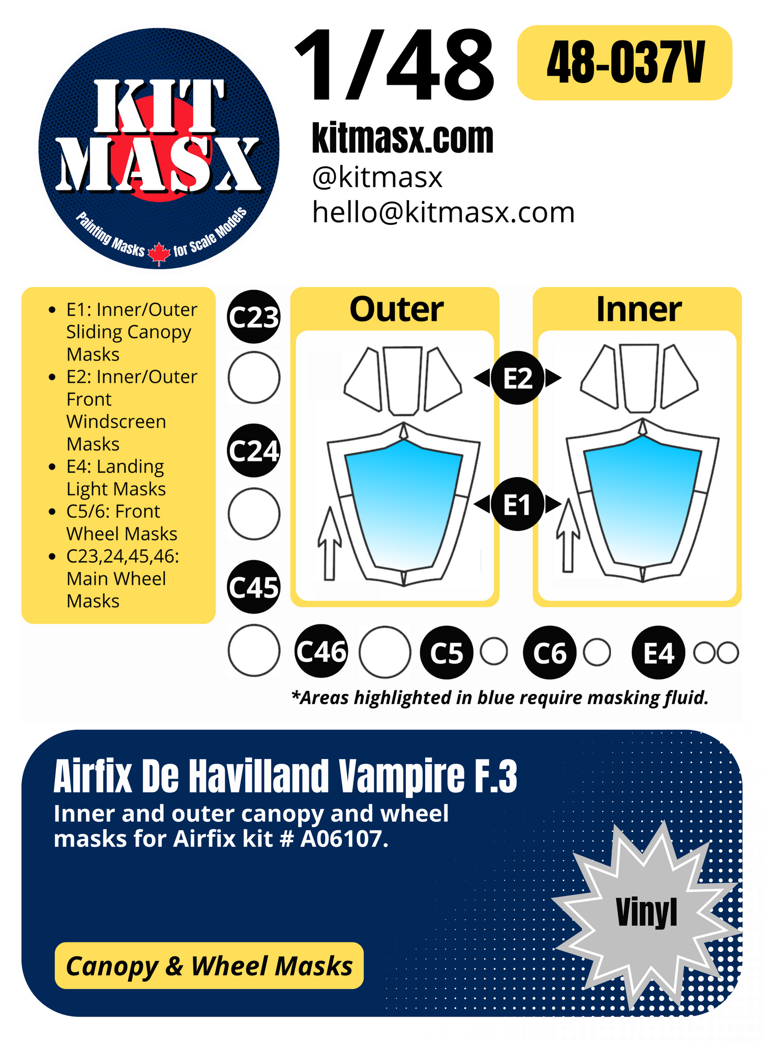 Airfix De Havilland Vampire F.3 1/48 Canopy & Wheel Paint Masks