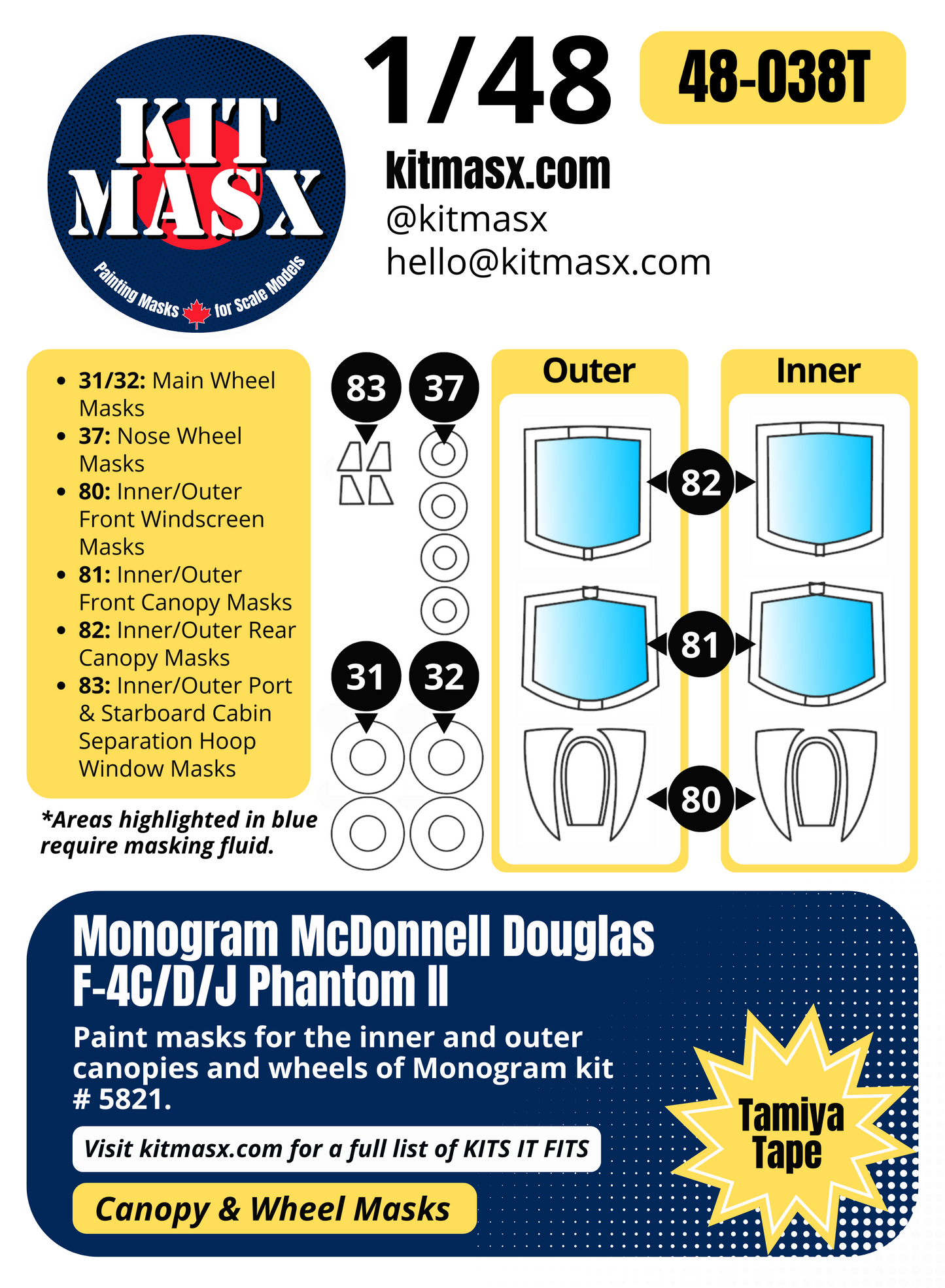 Monogram McDonnell Douglas F-4C/D/J Phantom II 1/48 Canopy & Wheel Paint Masks, Kit # 5821