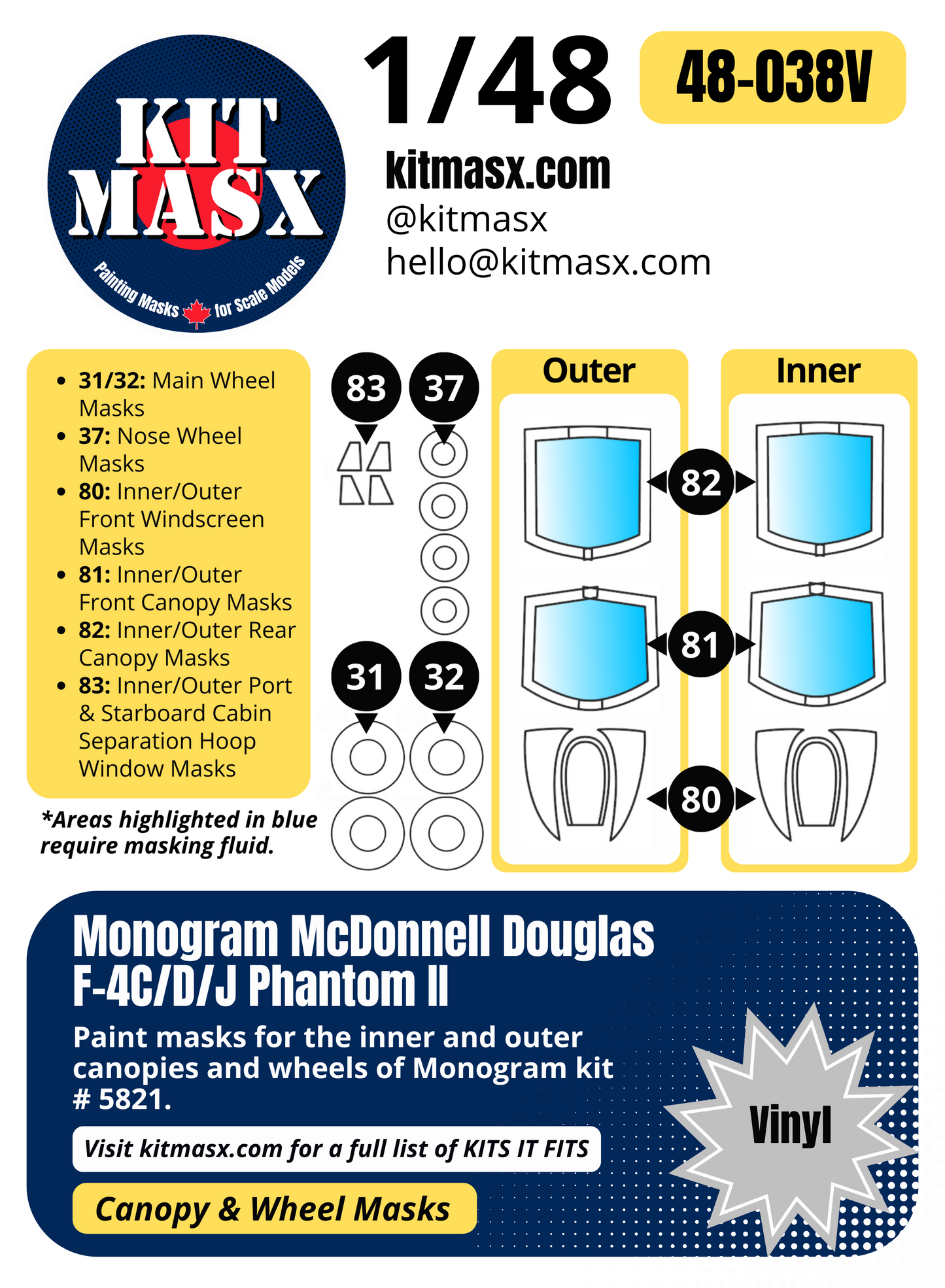 Monogram McDonnell Douglas F-4C/D/J Phantom II 1/48 Canopy & Wheel Paint Masks, Kit # 5821