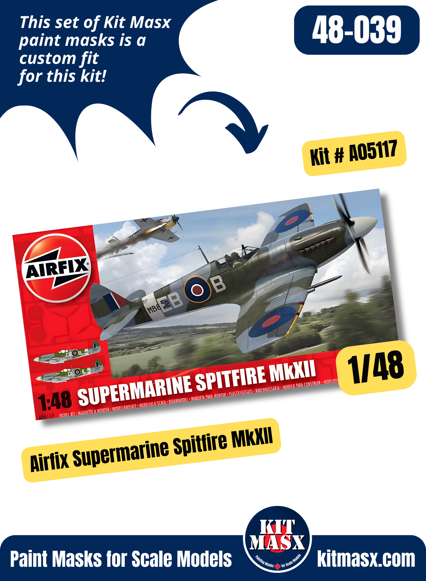 Airfix Supermarine Spitfire MkXII 1/48 Canopy & Wheel Paint Masks, Kit #A05117