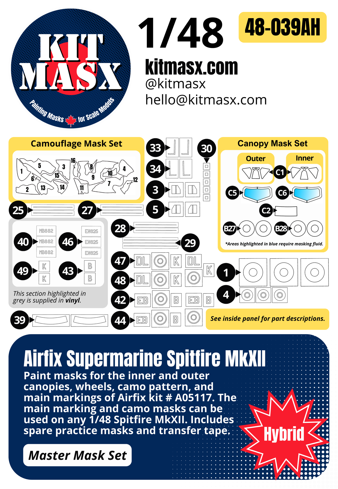 Airfix Supermarine Spitfire MkXII 1/48 Master Mask Set (Canopy, Wheel, Camo, & Main Marking Paint Masks)