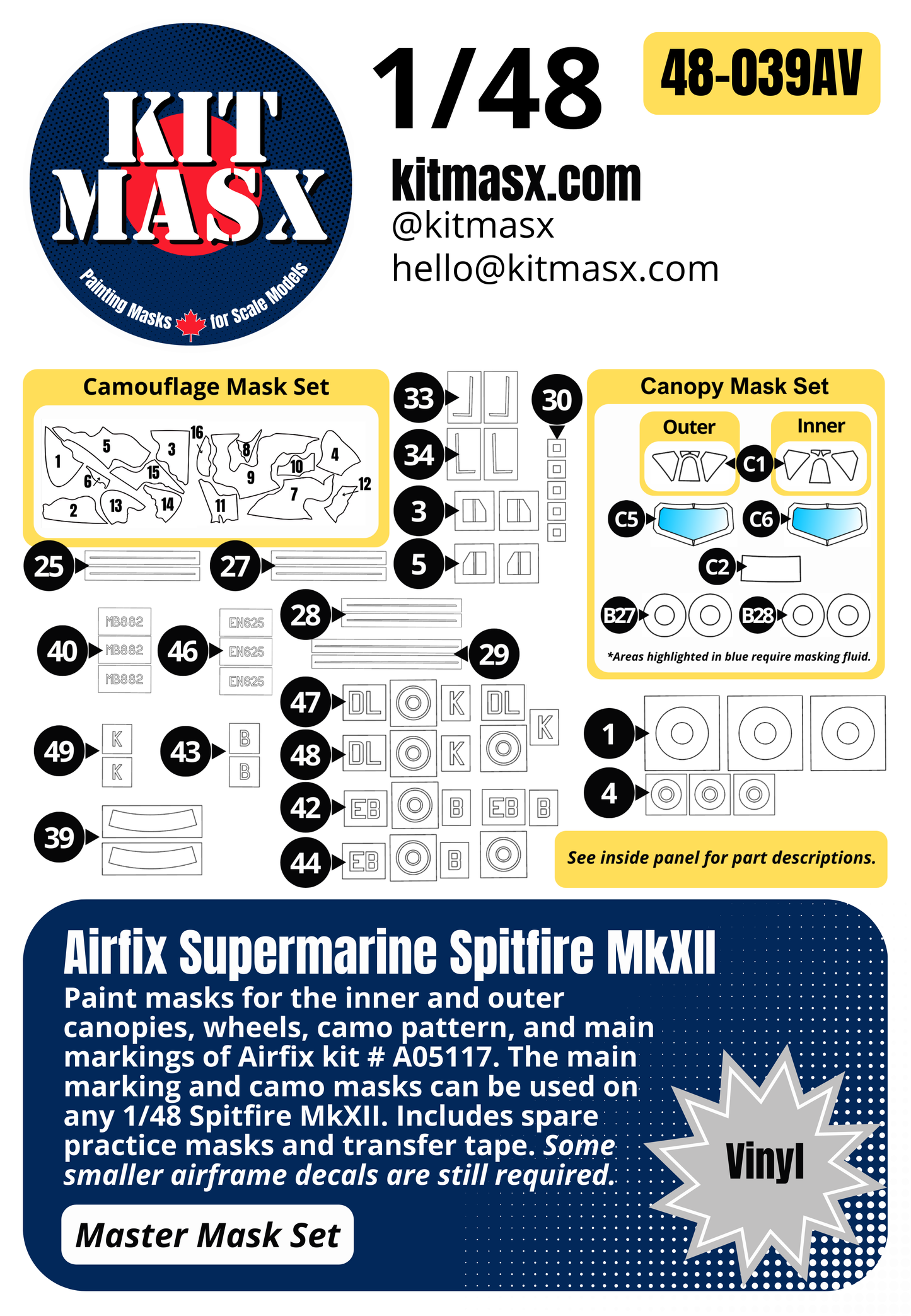 Airfix Supermarine Spitfire MkXII 1/48 All-in-One Master Mask Set, Kit # A05117