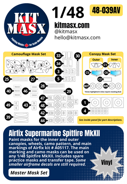 Airfix Supermarine Spitfire MkXII 1/48 Master Mask Set (Canopy, Wheel, Camo, & Main Marking Paint Masks)