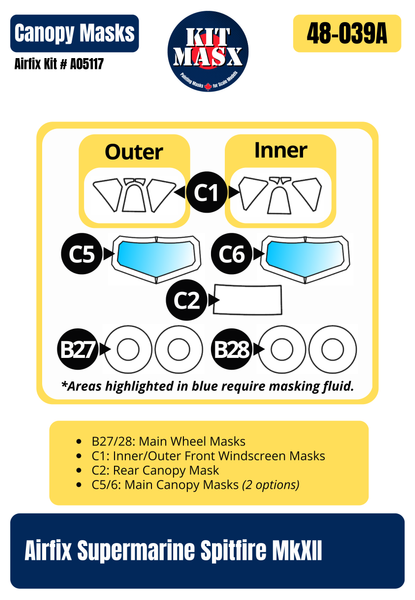 Airfix Supermarine Spitfire MkXII 1/48 Master Mask Set (Canopy, Wheel, Camo, & Main Marking Paint Masks)