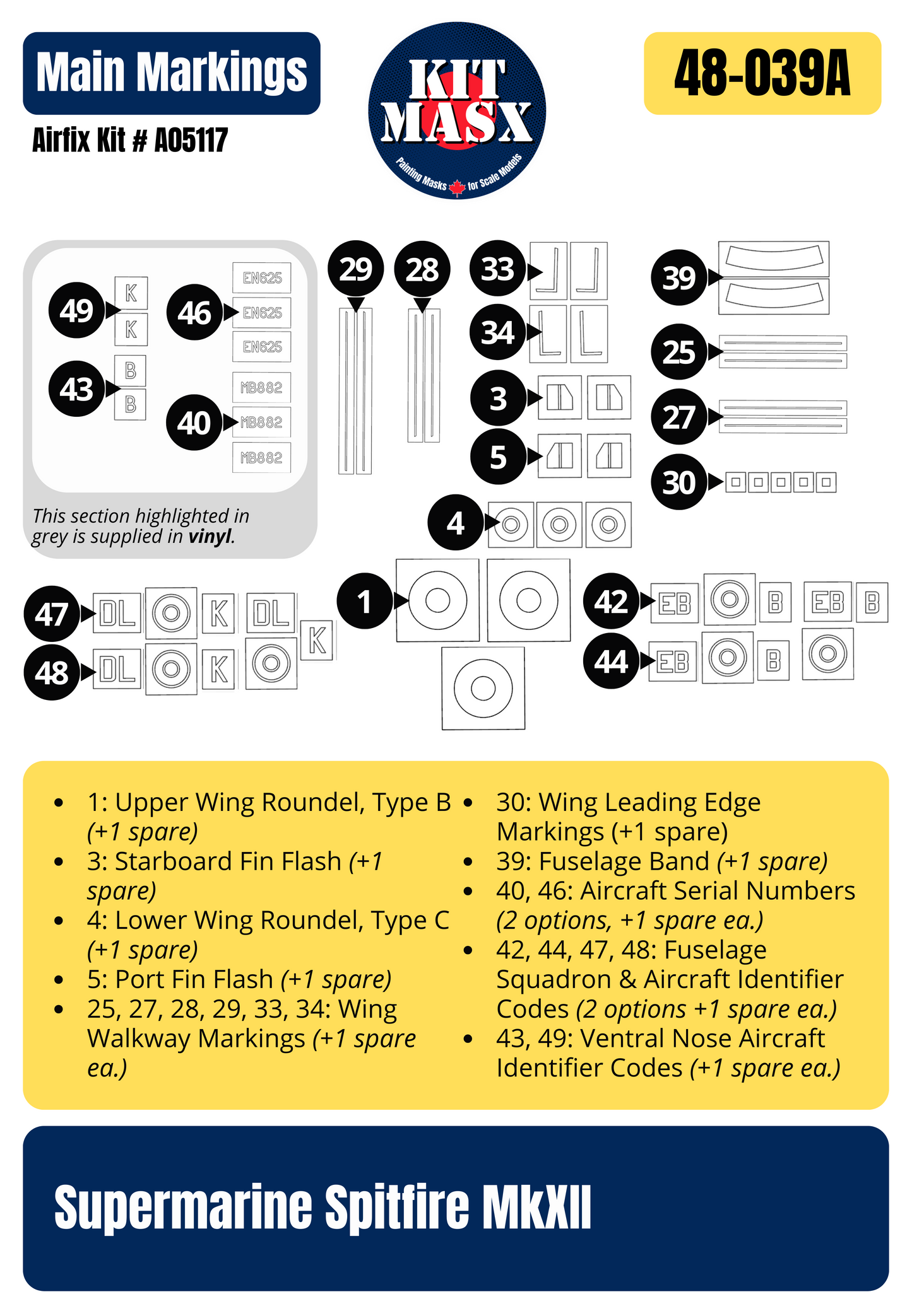 Airfix Supermarine Spitfire MkXII 1/48 All-in-One Master Mask Set, Kit # A05117