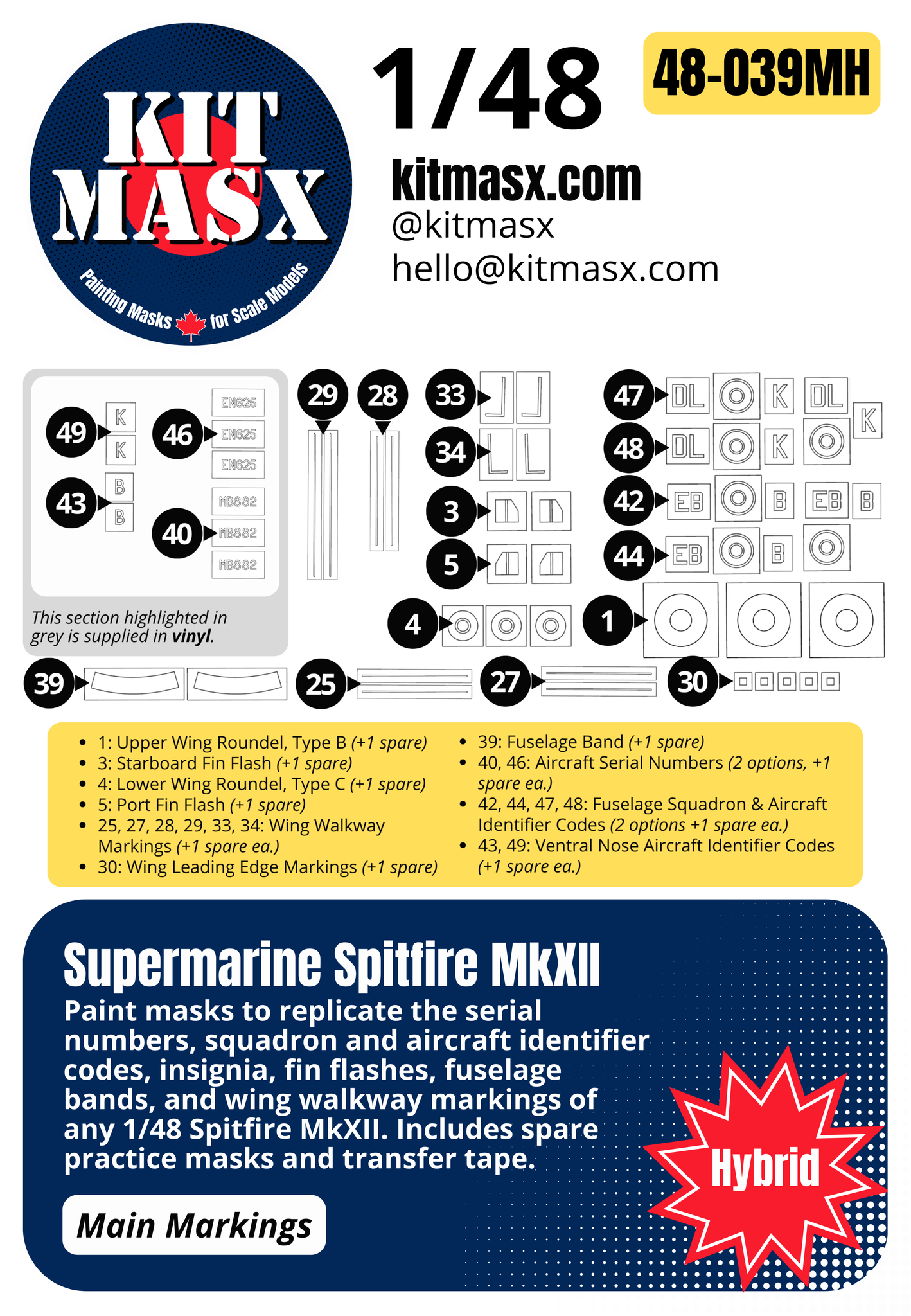 Airfix Supermarine Spitfire MkXII 1/48 Main Marking Paint Masks