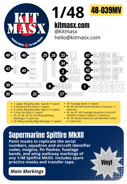 Airfix Supermarine Spitfire MkXII 1/48 Main Marking Paint Masks