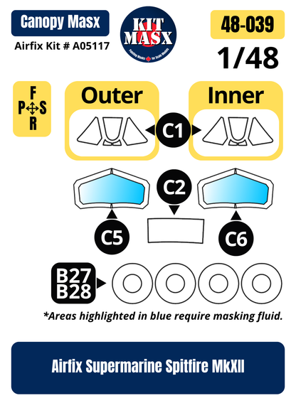 Airfix Supermarine Spitfire MkXII 1/48 Canopy & Wheel Paint Masks, Kit #A05117 (48039)