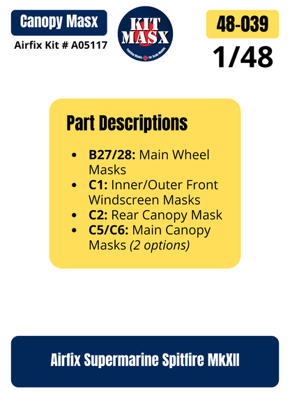 Airfix Supermarine Spitfire MkXII 1/48 Canopy & Wheel Paint Masks, Kit #A05117 (48039)