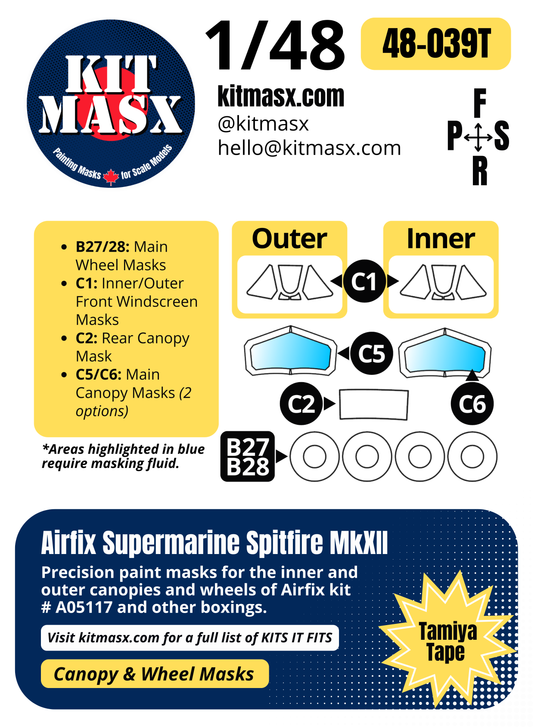 Airfix Supermarine Spitfire MkXII 1/48 Canopy & Wheel Paint Masks, Kit #A05117