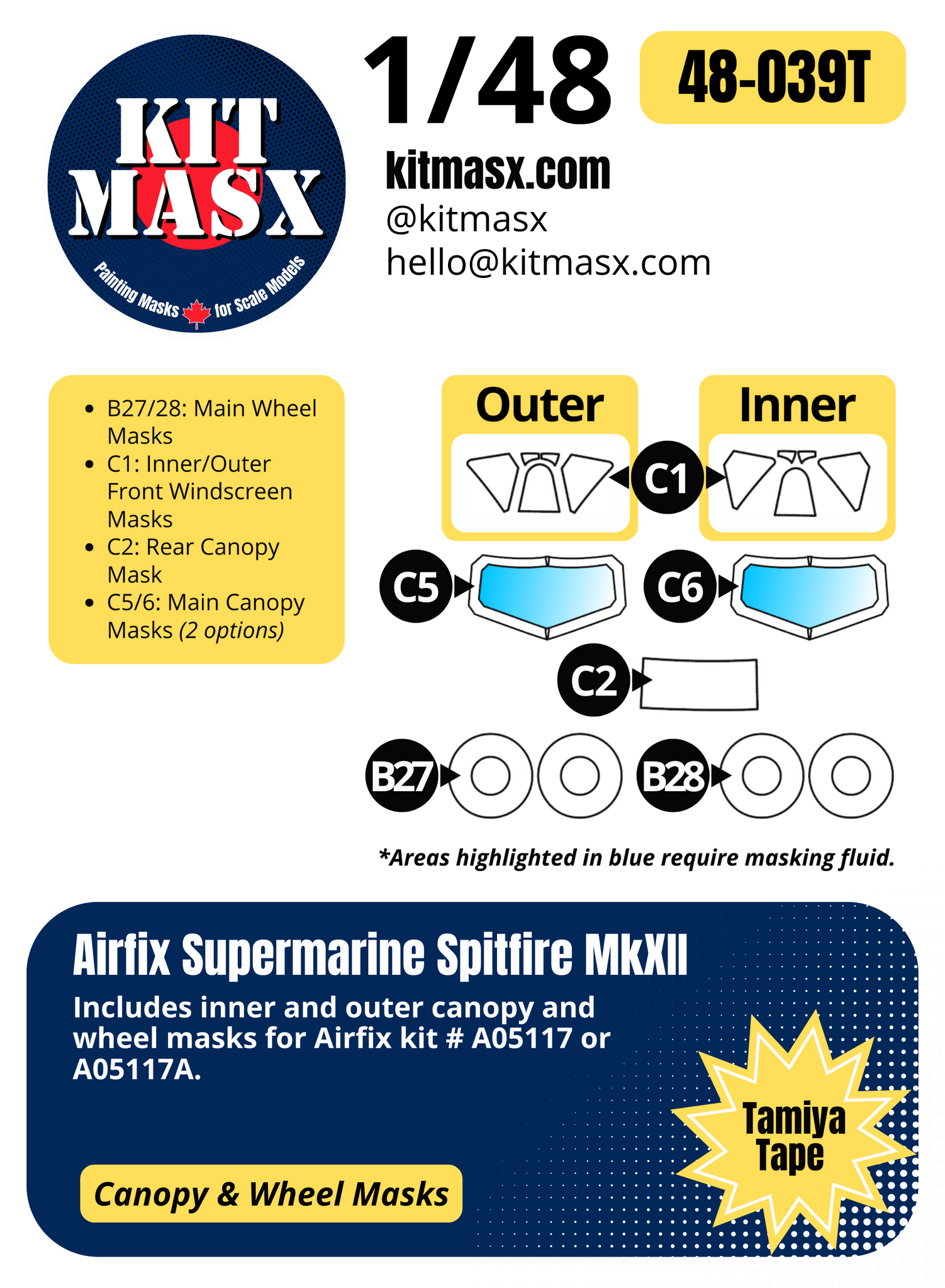 Airfix Supermarine Spitfire MkXII 1/48 Canopy & Wheel Paint Masks