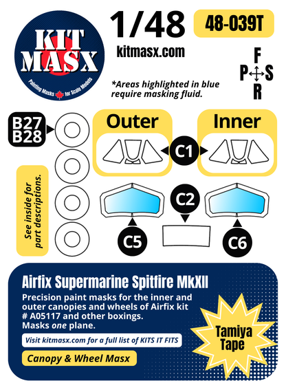 Airfix Supermarine Spitfire MkXII 1/48 Canopy & Wheel Paint Masks, Kit #A05117 (48039)