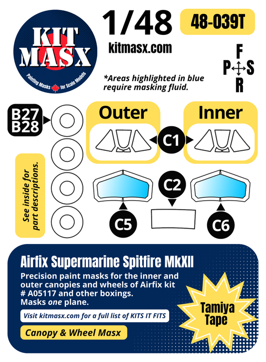 Airfix Supermarine Spitfire MkXII 1/48 Canopy & Wheel Paint Masks, Kit #A05117 (48039)