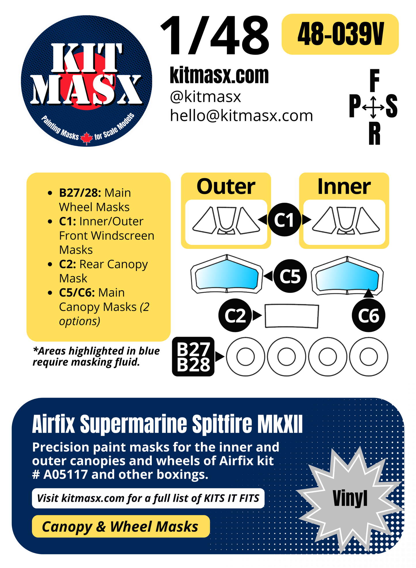 Airfix Supermarine Spitfire MkXII 1/48 Canopy & Wheel Paint Masks, Kit #A05117