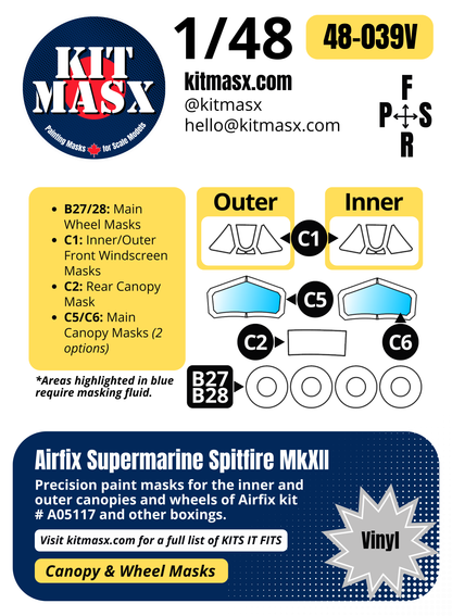 Airfix Supermarine Spitfire MkXII 1/48 Canopy & Wheel Paint Masks, Kit #A05117