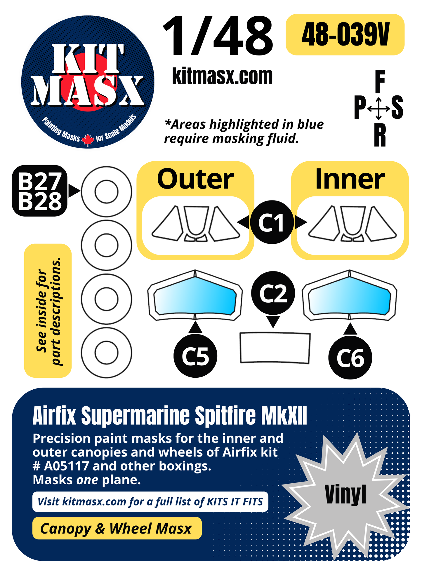 Airfix Supermarine Spitfire MkXII 1/48 Canopy & Wheel Paint Masks, Kit #A05117 (48039)