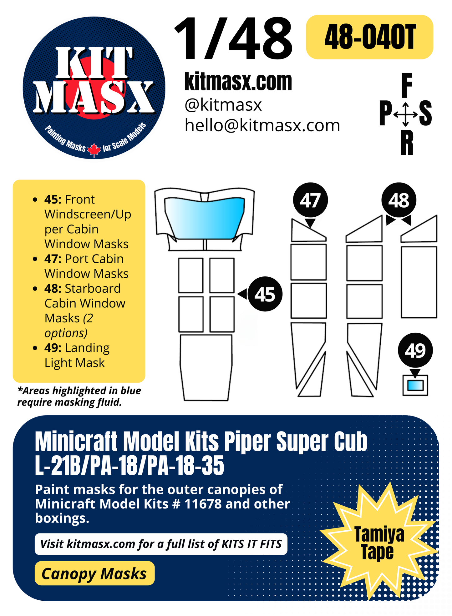 Minicraft Model Kits Piper Super Cub L-21B, PA-18, PA-18-35 1/48 Canopy Paint Masks, Kit # 11678