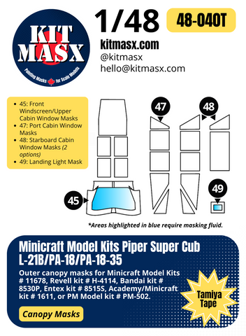 Minicraft Model Kits Piper Super Cub L-21B/PA-18/PA-18-35 1/48 Canopy Paint Masks, Kit # 11678