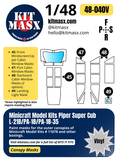 Minicraft Model Kits Piper Super Cub L-21B, PA-18, PA-18-35 1/48 Canopy Paint Masks, Kit # 11678