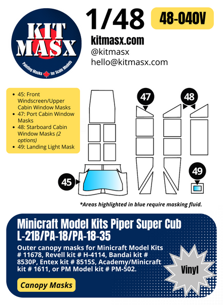 Minicraft Model Kits Piper Super Cub L-21B/PA-18/PA-18-35 1/48 Canopy Paint Masks