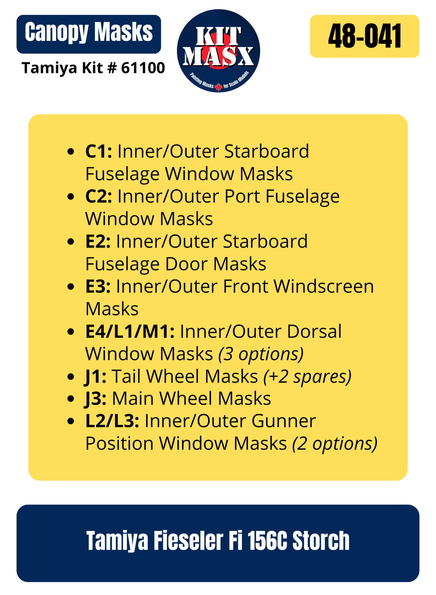 Tamiya Fieseler Fi 156C Storch 1/48 Canopy & Wheel Paint Masks, Kit # 61100