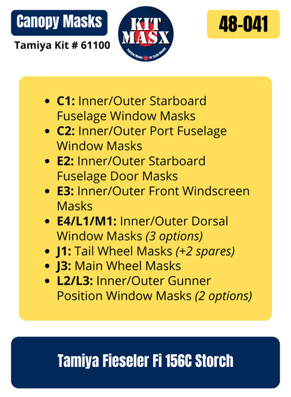 Tamiya Fieseler Fi 156C Storch 1/48 Canopy & Wheel Paint Masks, Kit # 61100