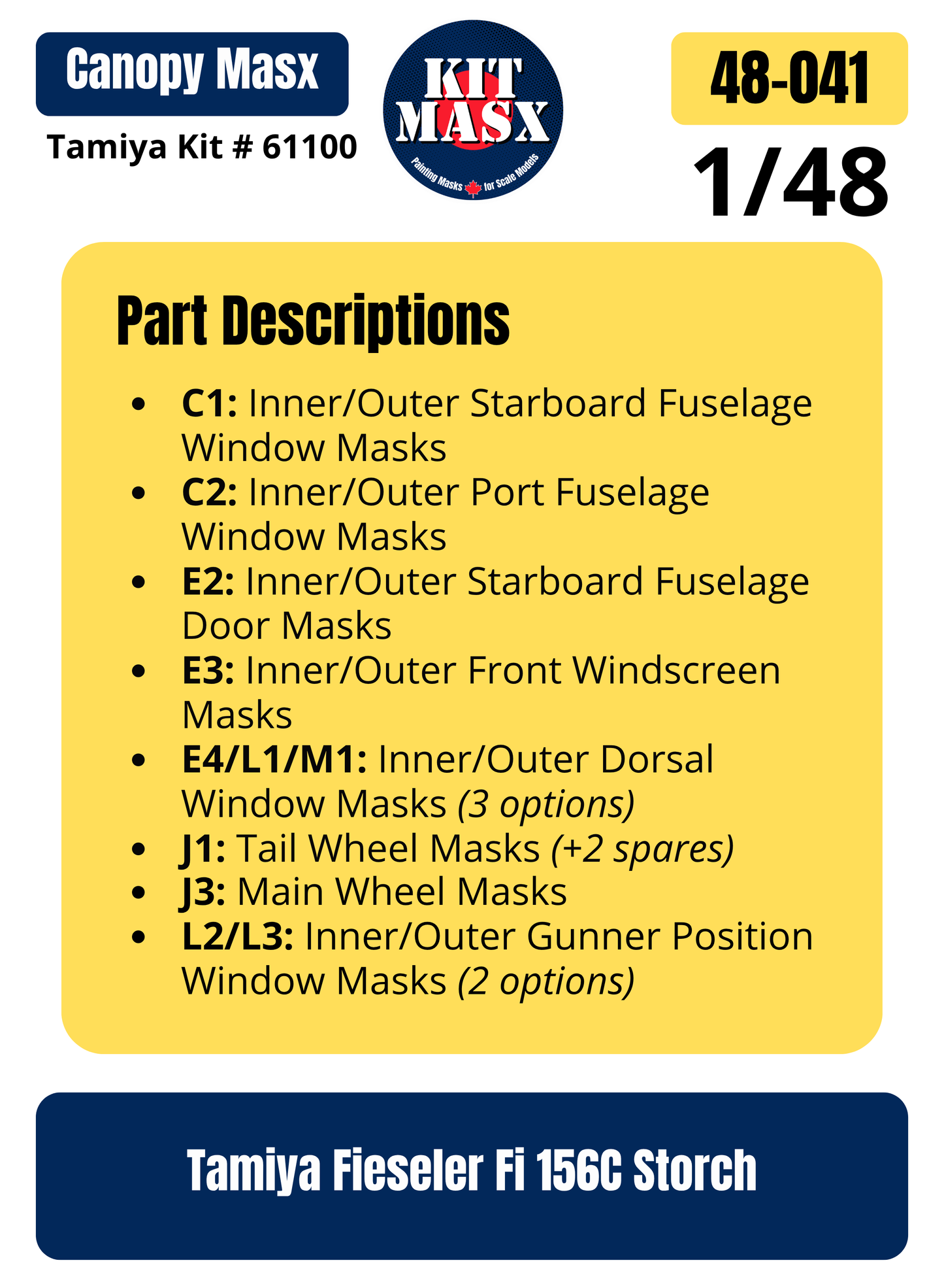 Tamiya Fieseler Fi 156C Storch 1/48 Canopy & Wheel Paint Masks, Kit # 61100 (48041)